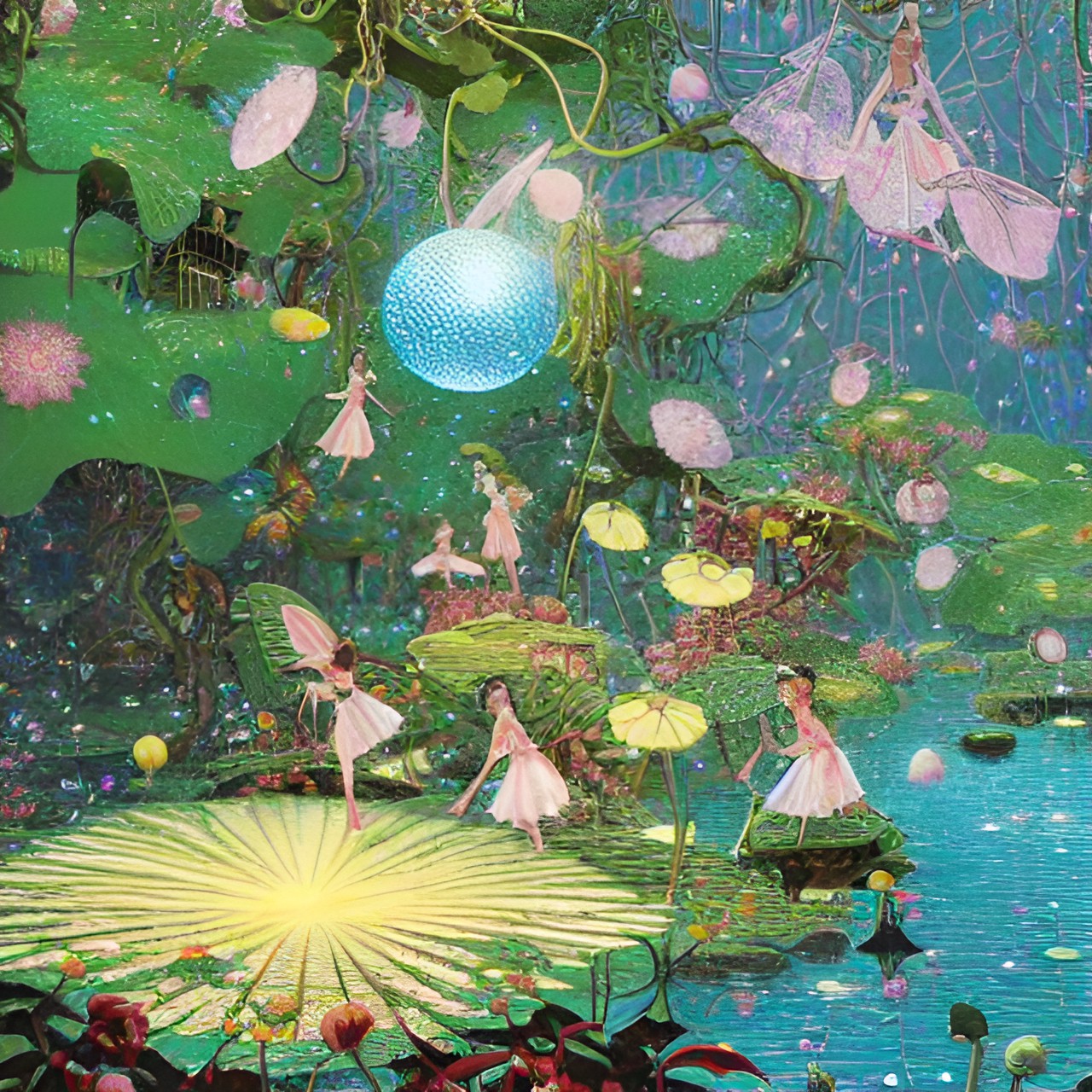 disco ball in lotus lake with little fairies dancing preview