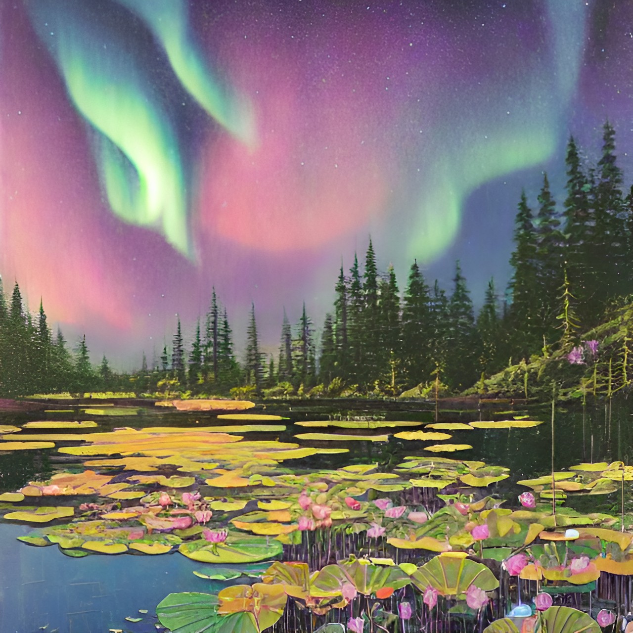 northern lights in sky lotus pond preview