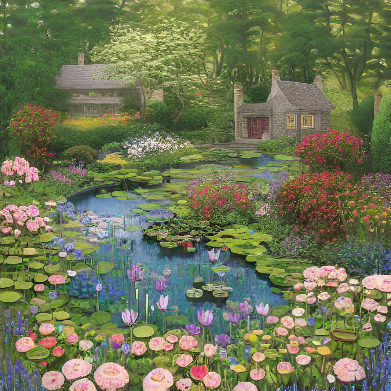 cottage with courtyard and pond with lotuses and garden with wildflowers preview