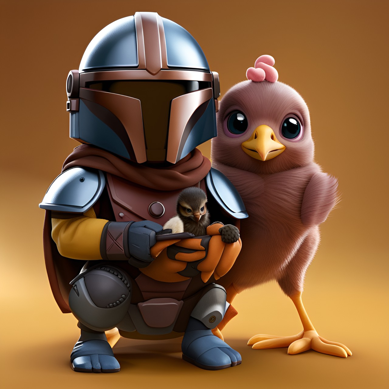 baby mandolorian and a chicken - baby mandolorian is holding a chicken, and they are both looking at the camera with a serious expression. preview