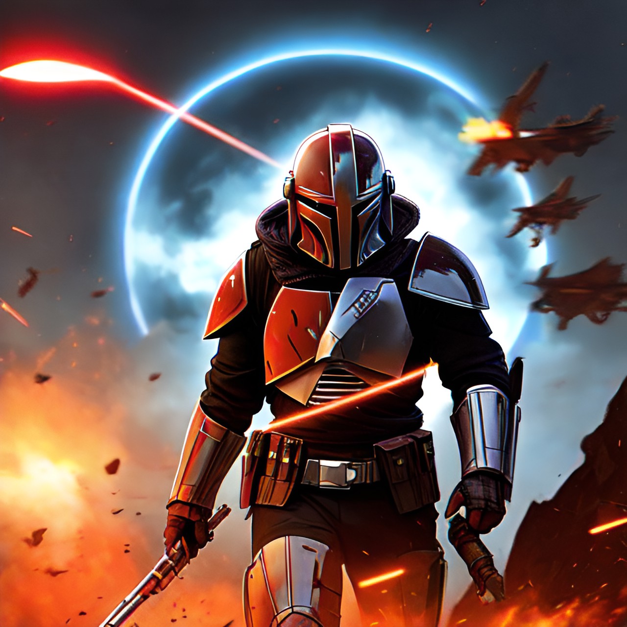 a mandolorian with a path of death and destruction around him, following him wherever he goes. his eyes are cold and calculating, and his mouth is set in a grim line under his helmet - preview