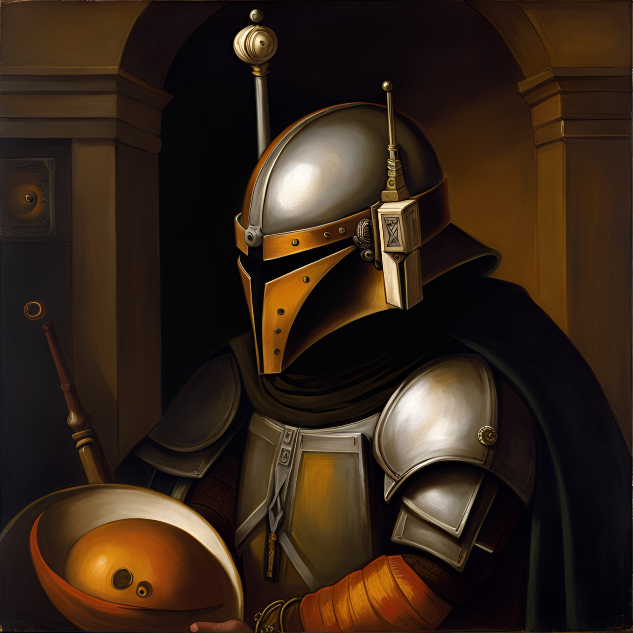 a mandolorian with a path of death and destruction around him, following him wherever he goes. his eyes are cold and calculating, and his mouth is set in a grim line under his helmet preview