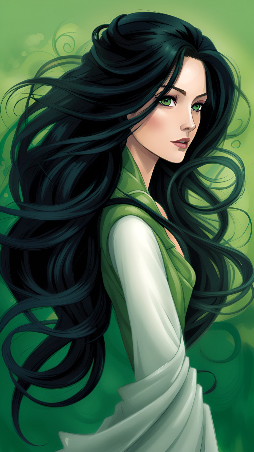 sarah: long, flowing black hair, green eyes, and a graceful presence. preview