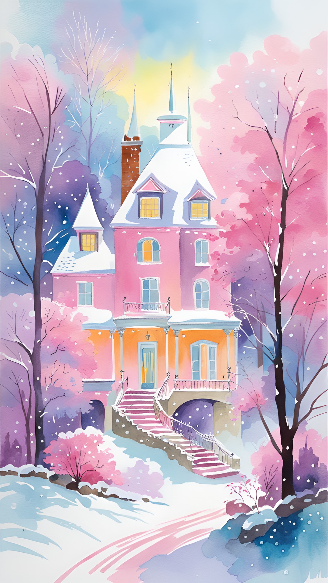 vintage christmas mansion snowing pastel pink trees preview