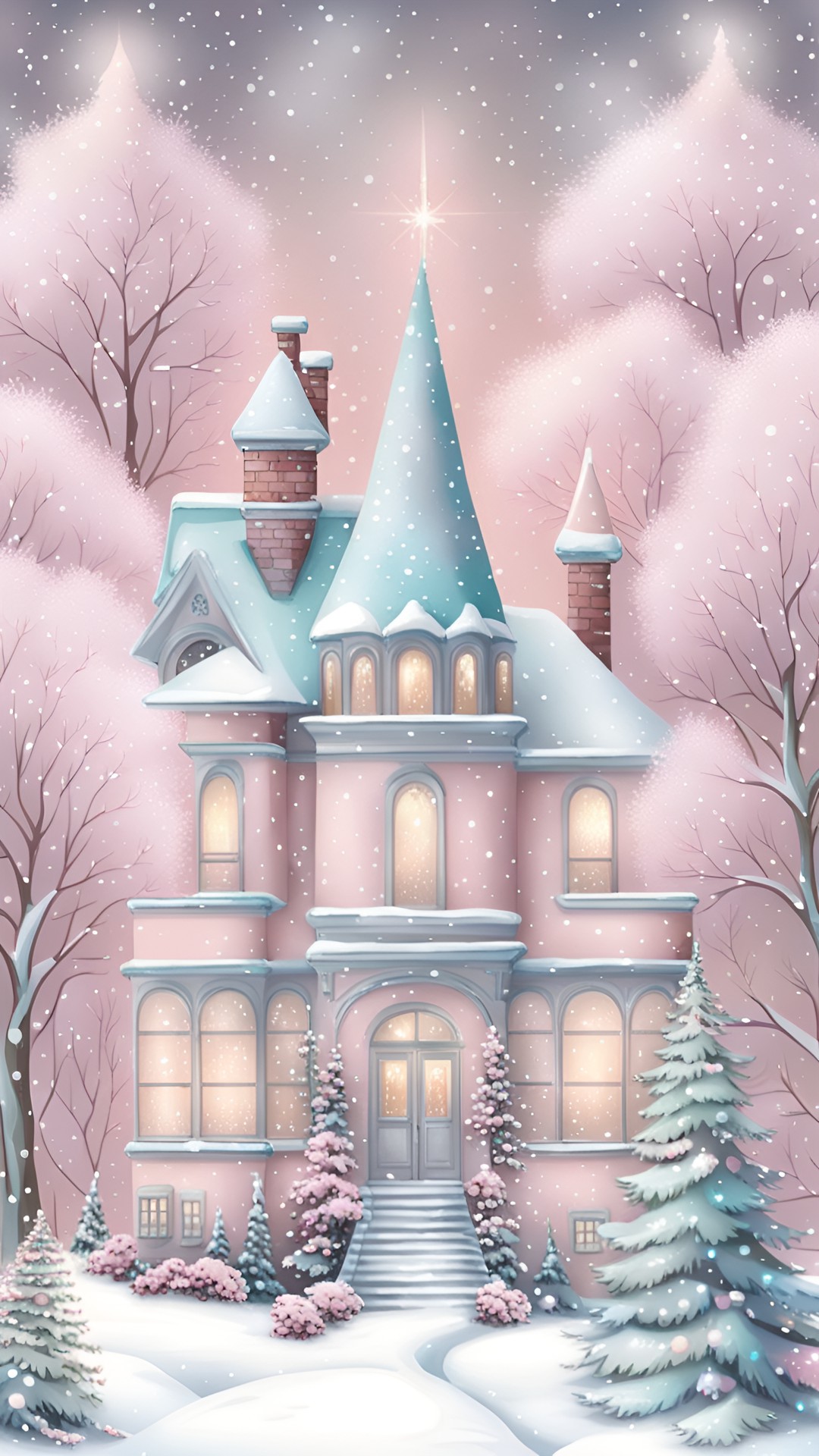 vintage christmas mansion snowing pastel pink trees flowers feathers preview