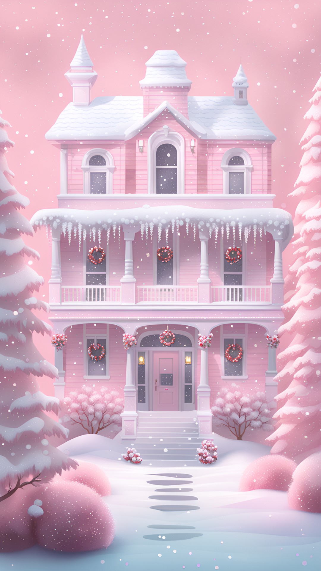 vintage christmas mansion snowing pastel pink trees flowers feathers preview