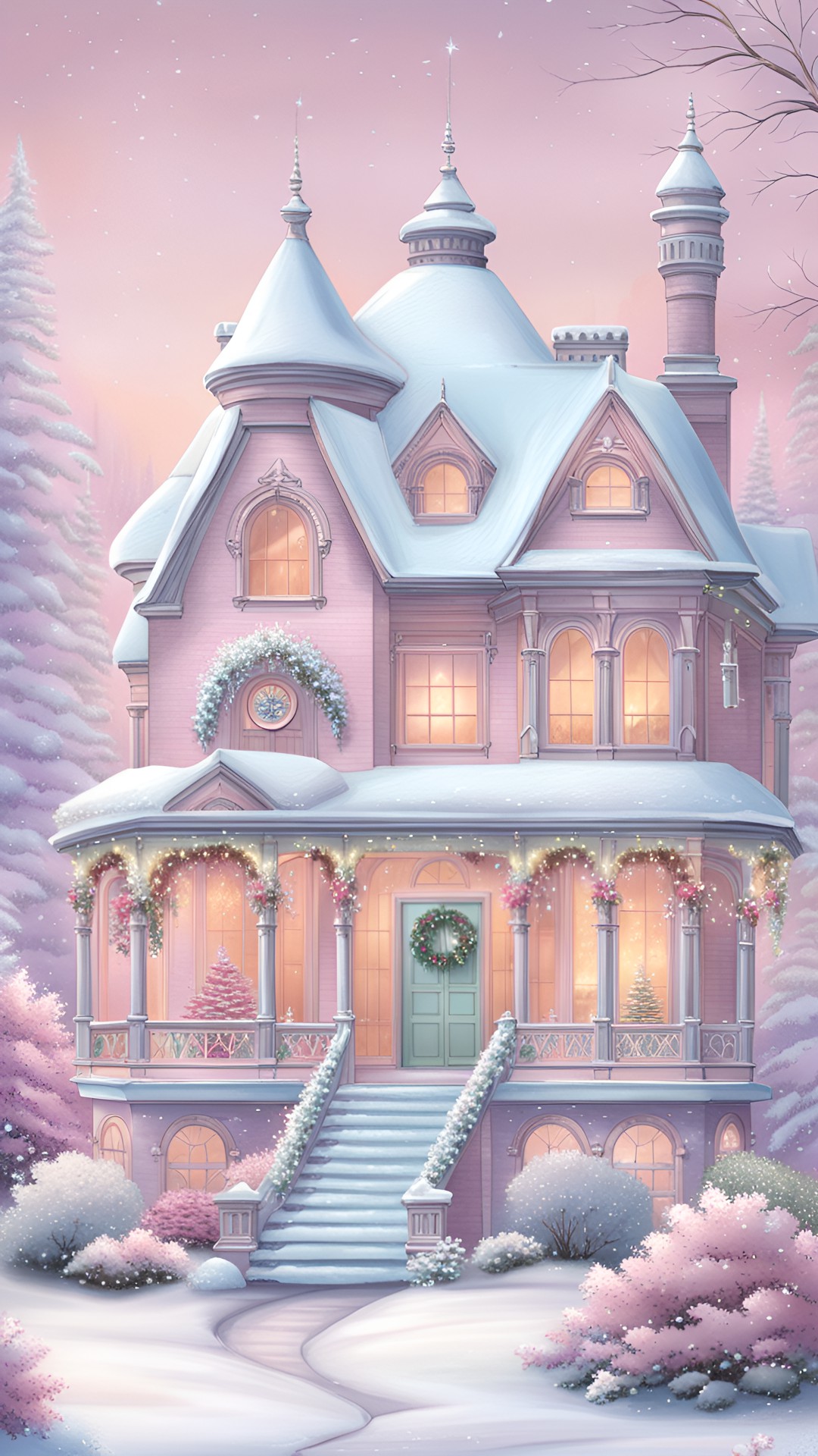 victorian christmas mansion icicles snowing pastel pink trees flowers round preview