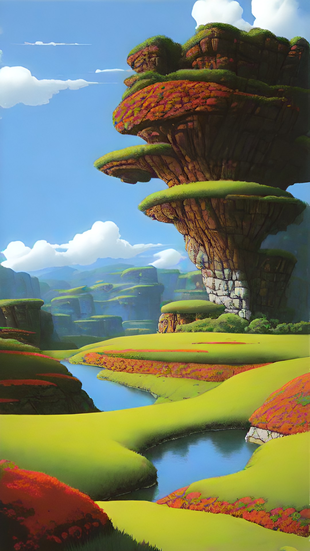 little river, meadow, rocks, high hills by roger dean --ar 9:16 preview