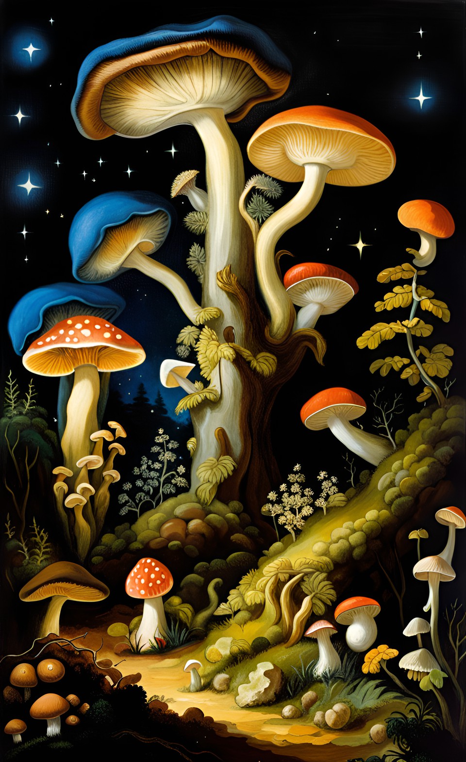 Fungi877 - fungi wonderland forest underneath night sky with stars. the forest is full of different kinds of mushrooms and other plants preview