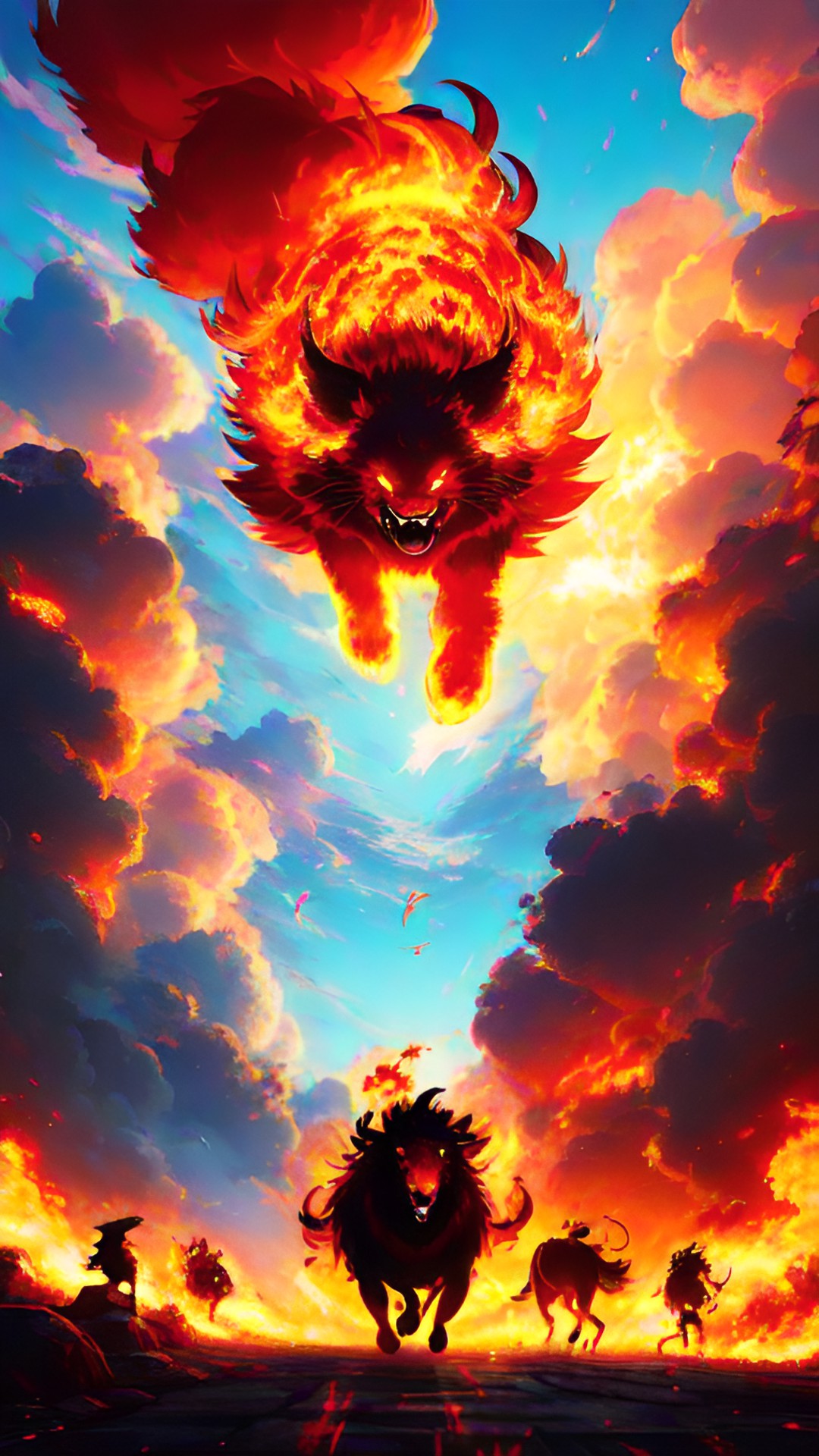 Hell cat - animals running from a giant flaming demon in a hell like background preview