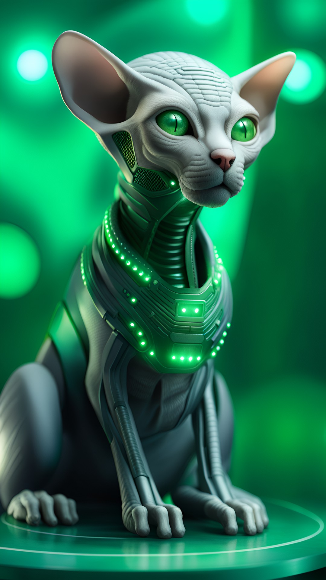 old sphinx cat borg, grey pasty skin, star trek, eerie green technological background, occipital eye implant preview