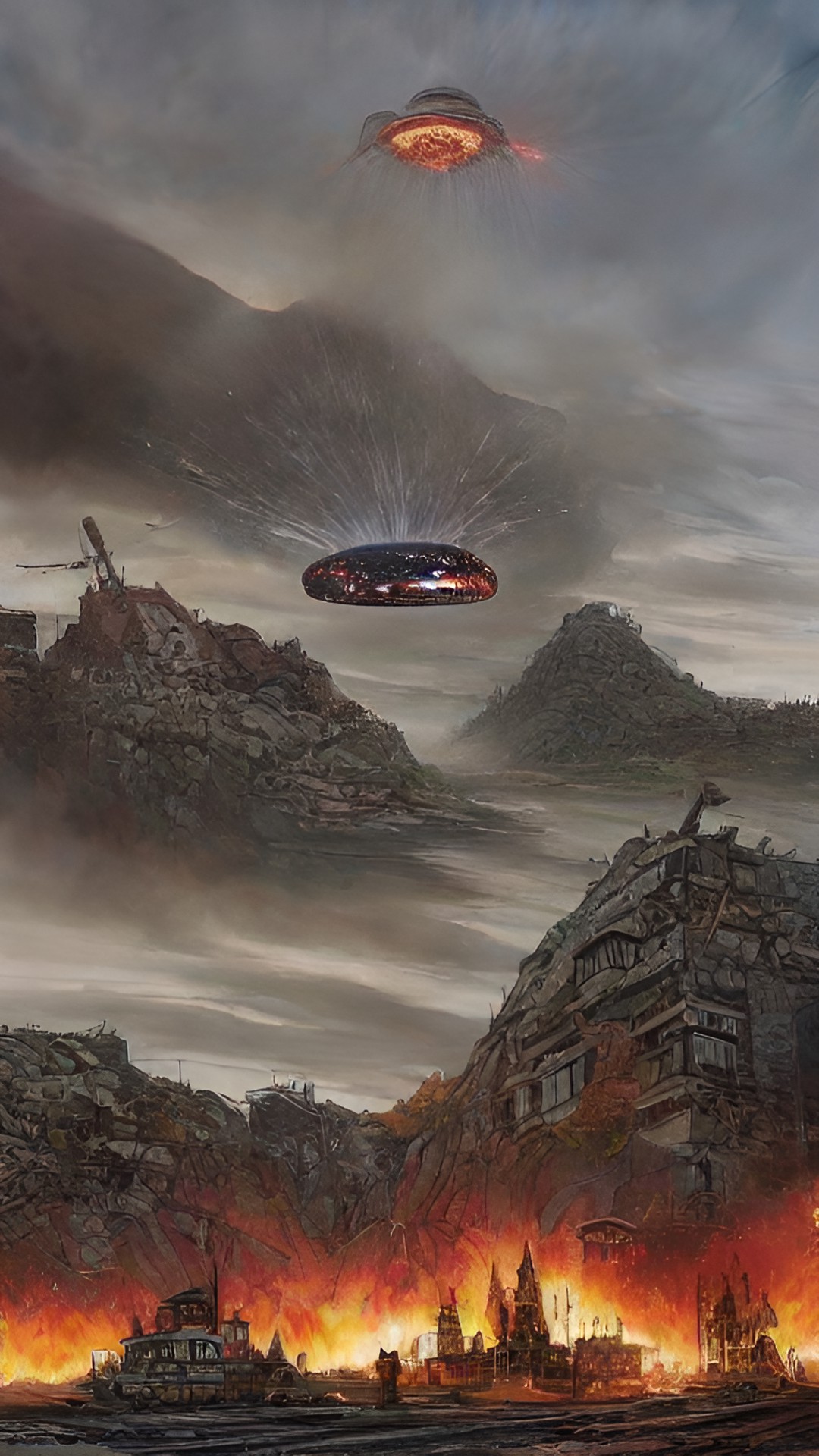 lava raising from a city while a ufo hovers above preview