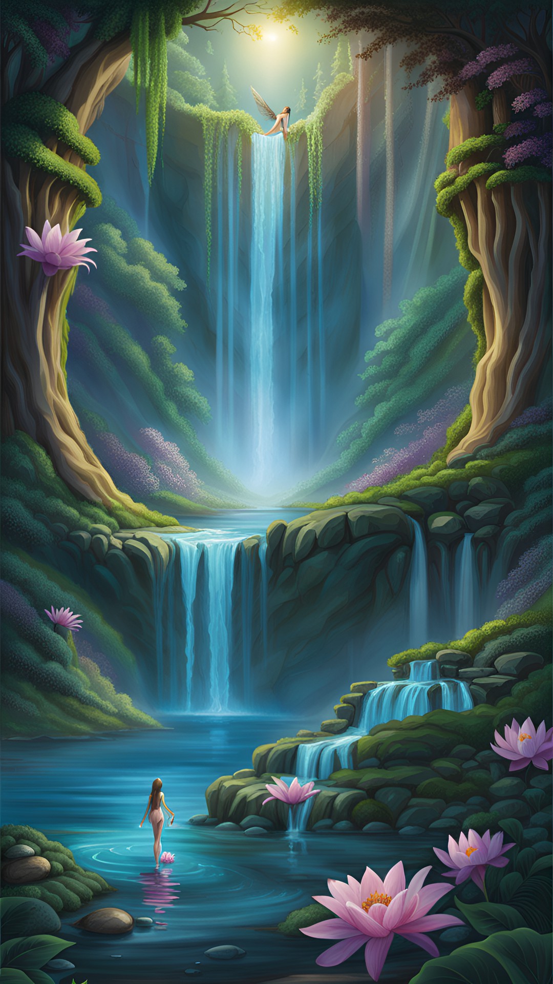 take me here - fantasy waterfall with pool of water at bottom trees mountain forest nymphs fairy’s flowers preview