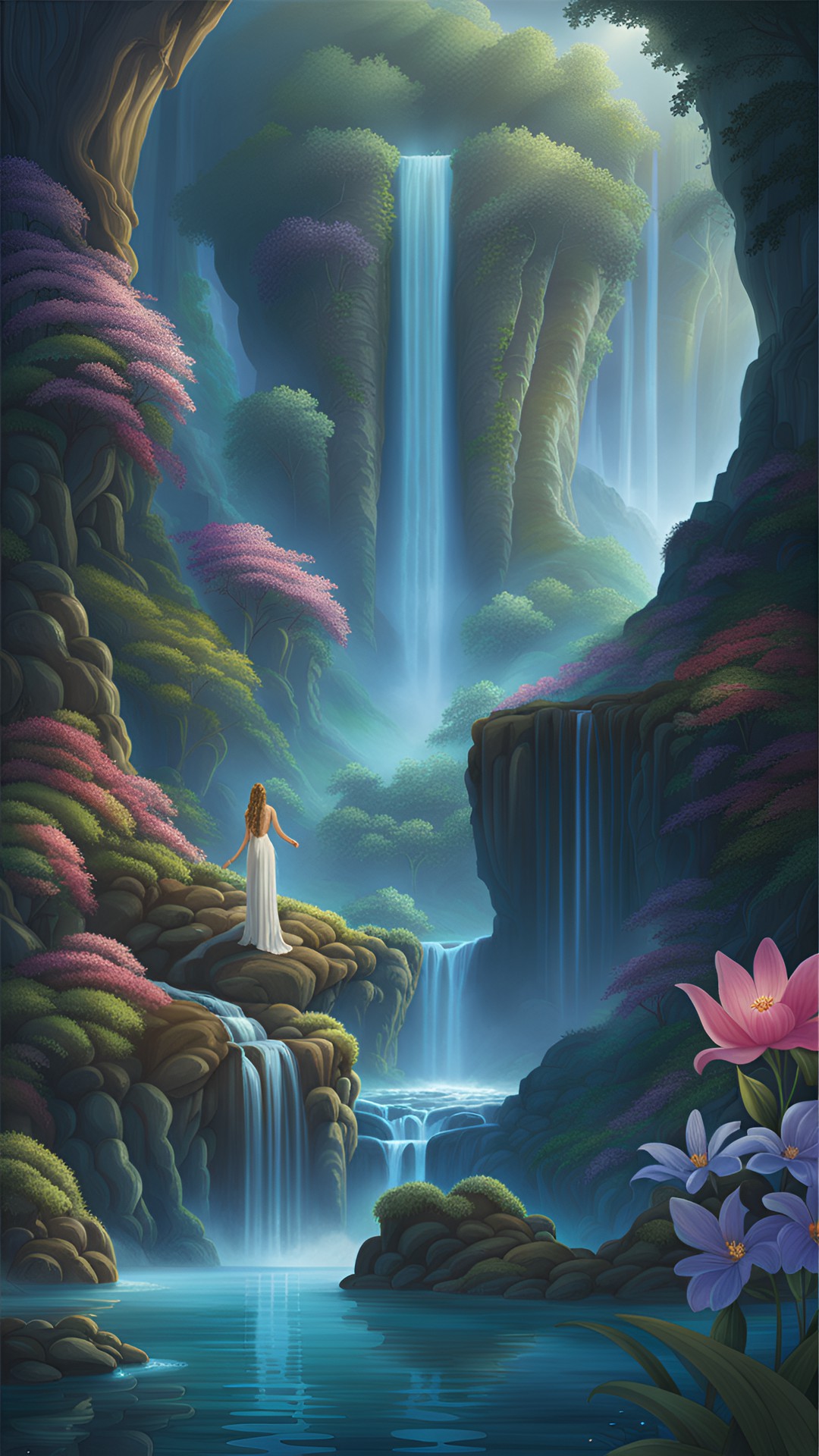 serenity - fantasy waterfall with pool of water at bottom trees mountain forest nymphs fairy’s flowers preview