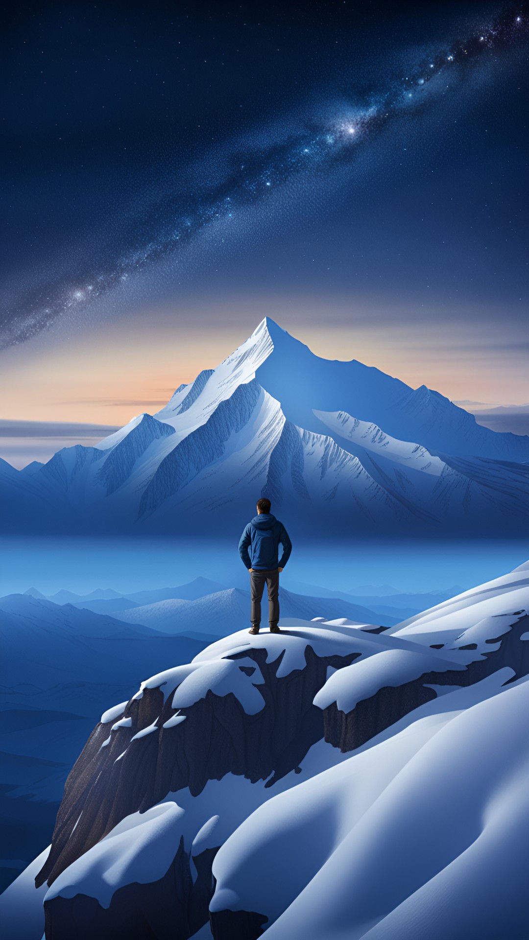 a man near a clif of a snowy mountain looking to horizon. stars on the night blue sky preview