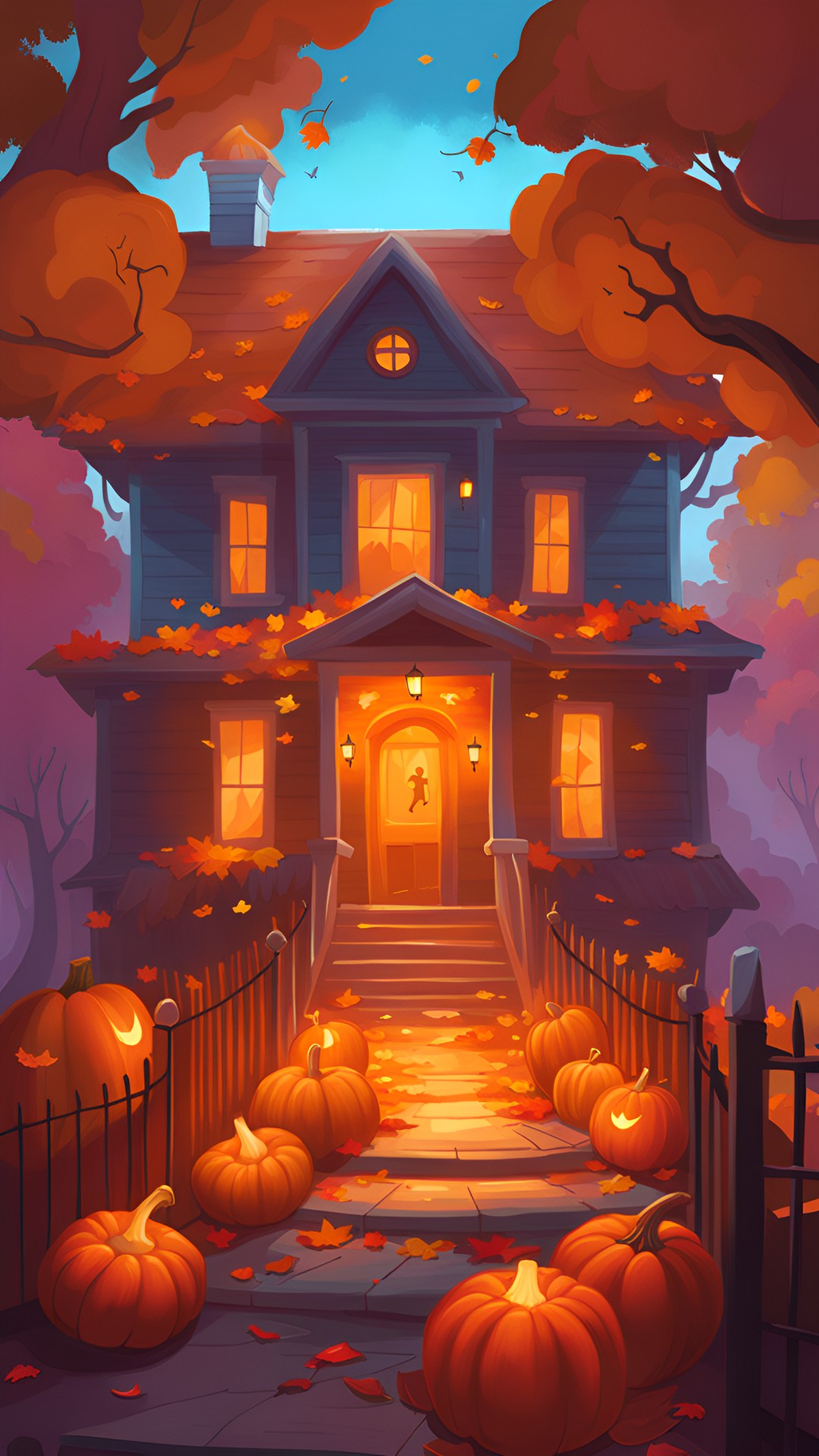 cozy haunted house during halloween with pumpkins all around and fall leaves. vivid bright colors with a spooky element. some tombstones in the yard and skeleton hand popping out of the ground preview