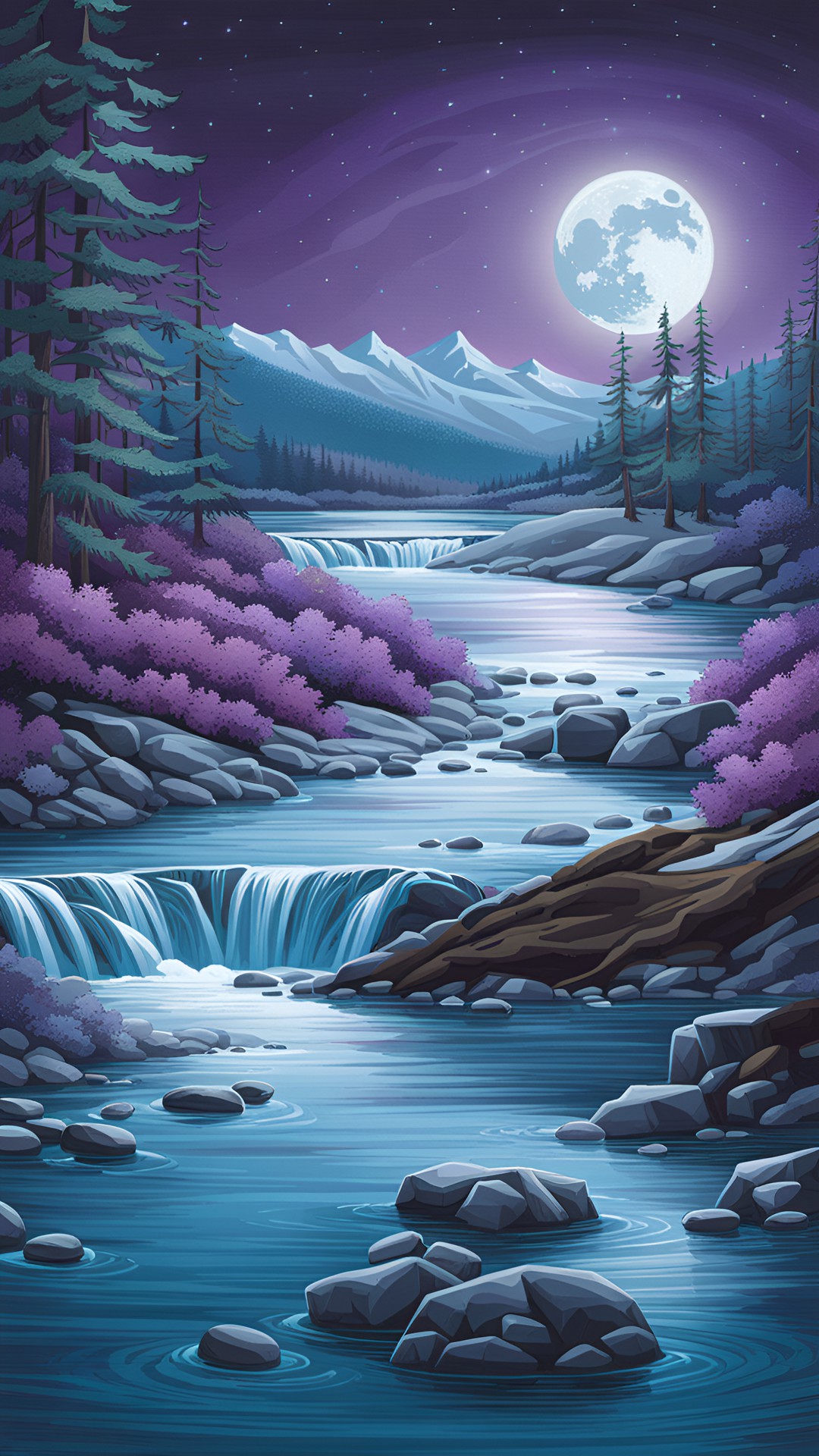 surreal sparkling glacial purple colours, full bright shining moon, shimmering waters of a gently travelling river, a drifting log —ar 520 preview