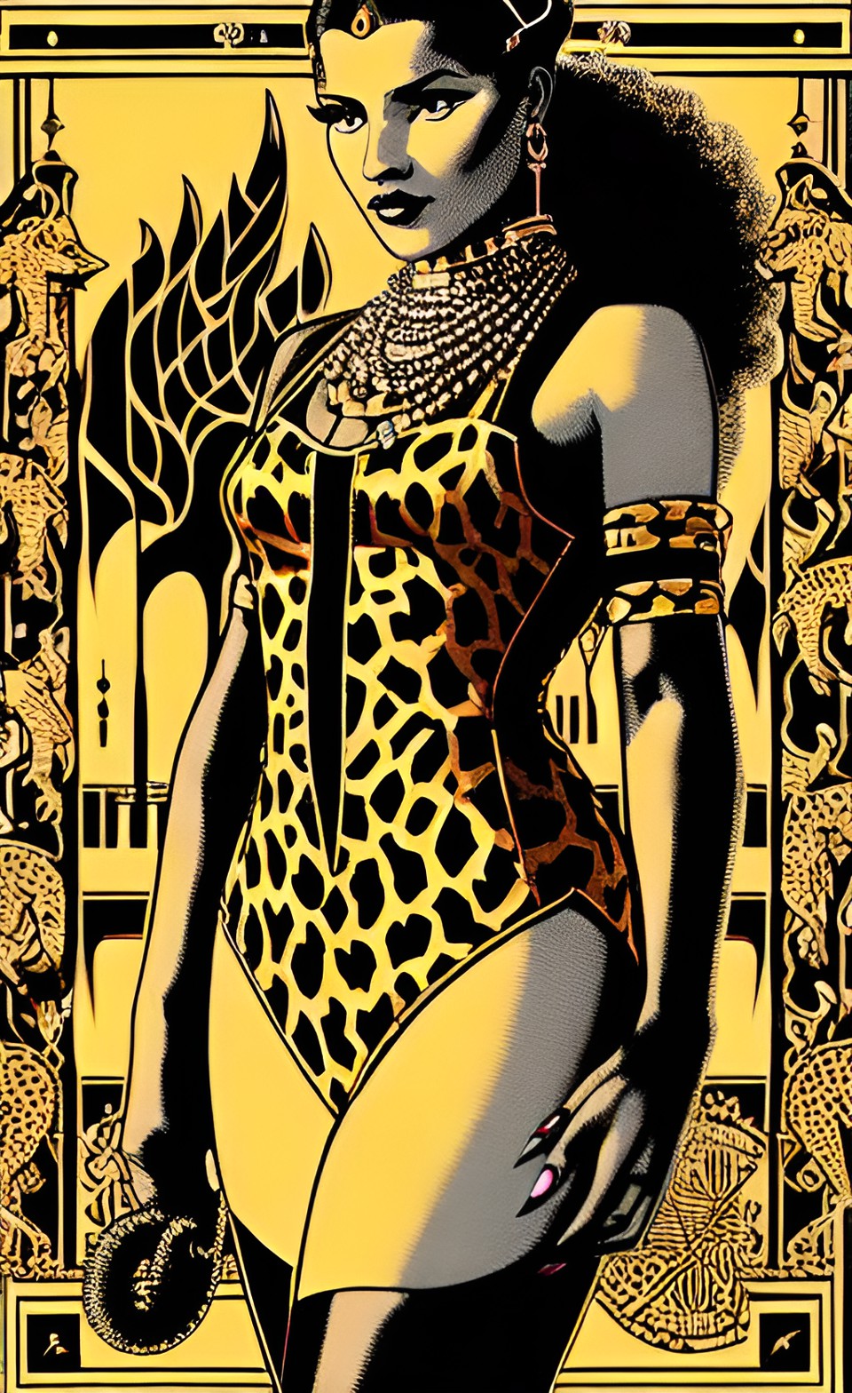 Cheetah, Speakeasy, MGM - a woman is chained to a cheetah, inspired by george barbier, jewelry, cat tail, 1920 style speakeasy, domme mistress, woman made of black flames, mgm studios, pisces, surrealism aesthetic, shadowy yellow golden lighting preview