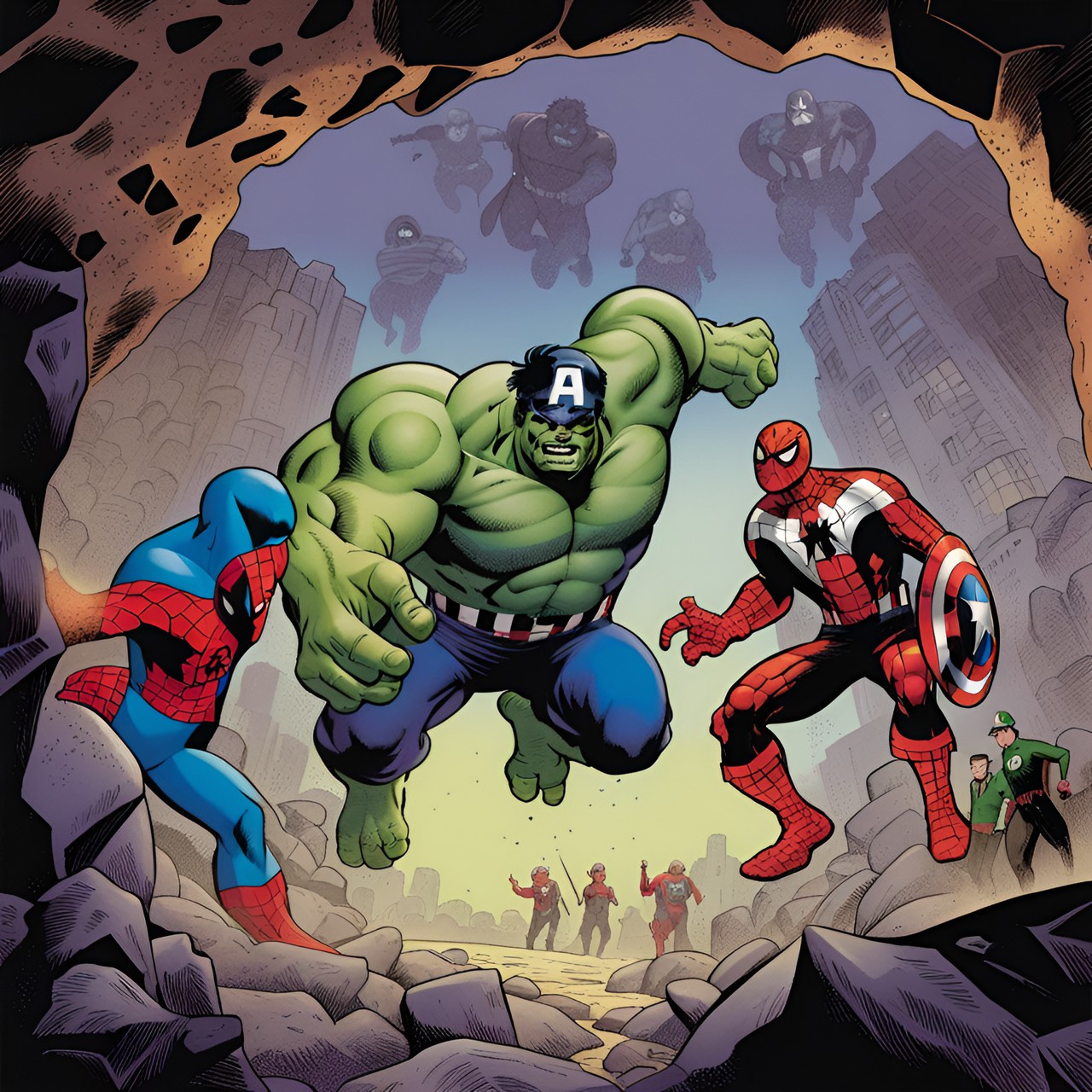 cavern opening with hulk, spider-man and captain america by charlie adlard preview