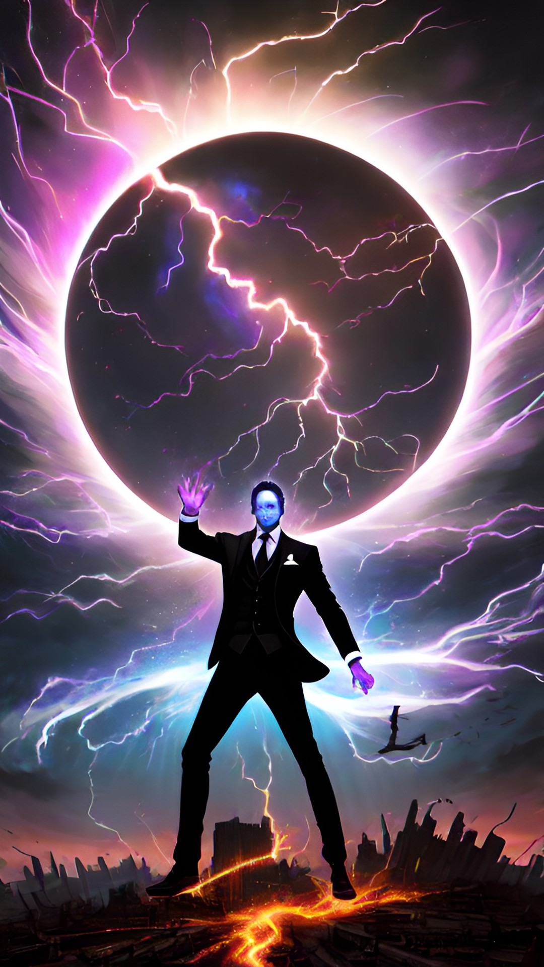 faceless human wearing three-piece suit, [pose] one arm raised in the air. multicolored black hole above hand with white lightning bolts streaming out of it. [background] dark ruins. preview