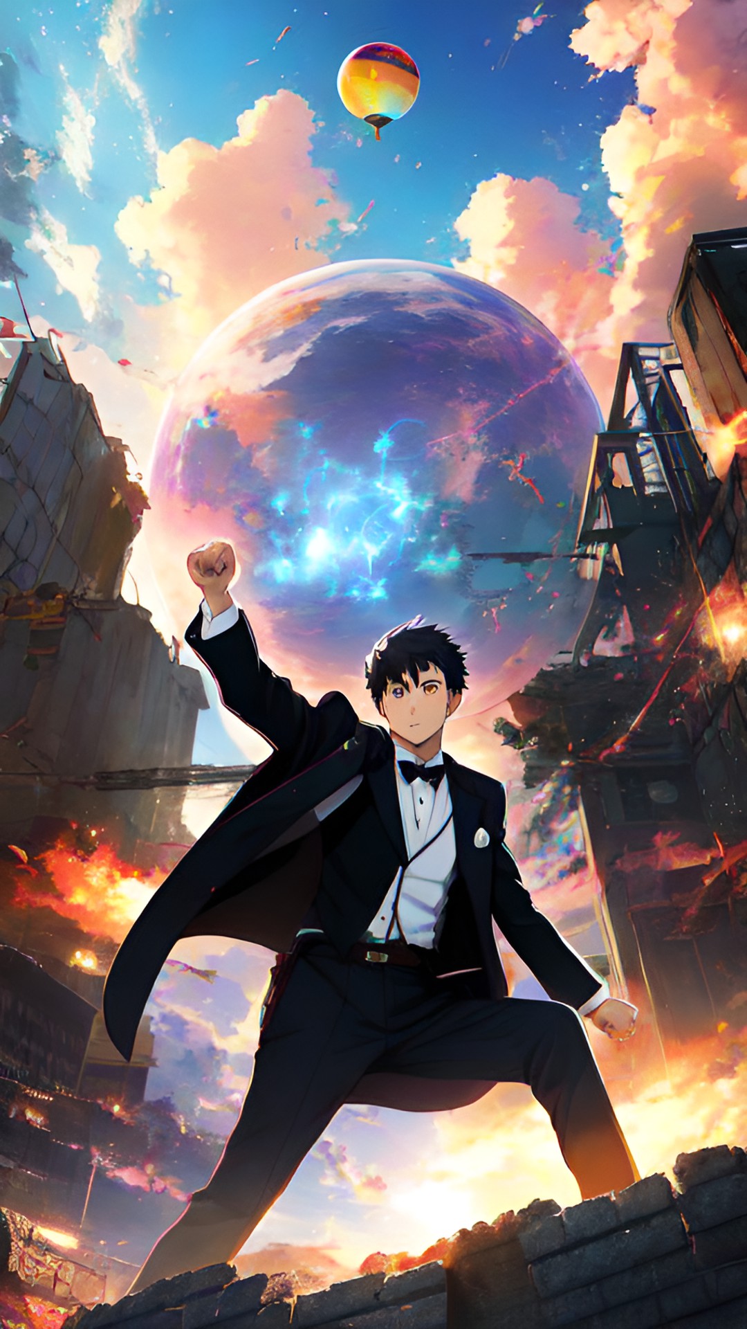 Call on The Planes! - man wearing three-piece suit, [pose] fist pump raised in the air, other hand in trouser pocket. multicolored magic sphere above fist. [background] dark ruins. preview