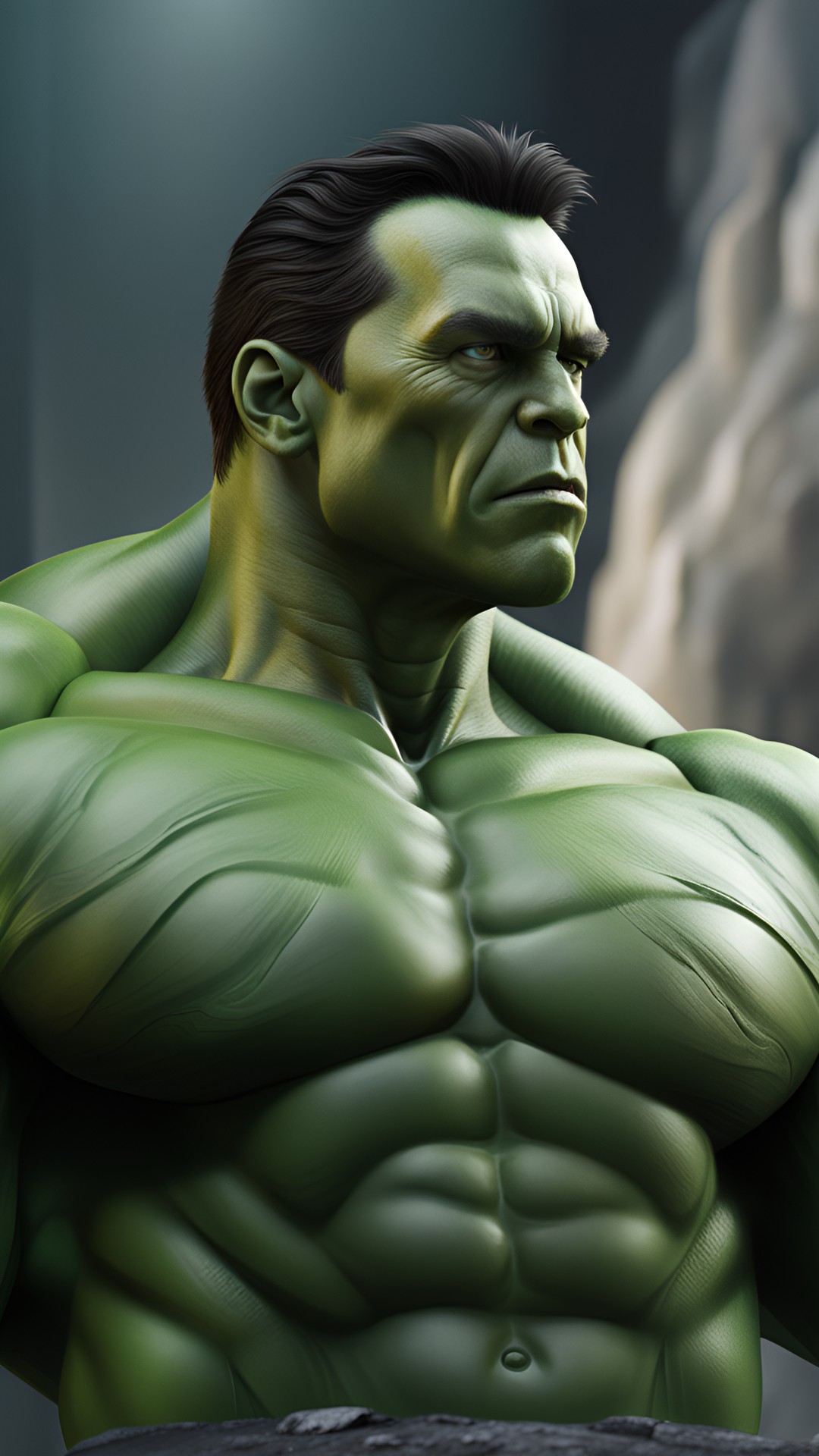 a half body view, arnold schwarzenegger as hulk, hyper realistic, ultra detailed, 8k, cinematic lighting, stone background, preview