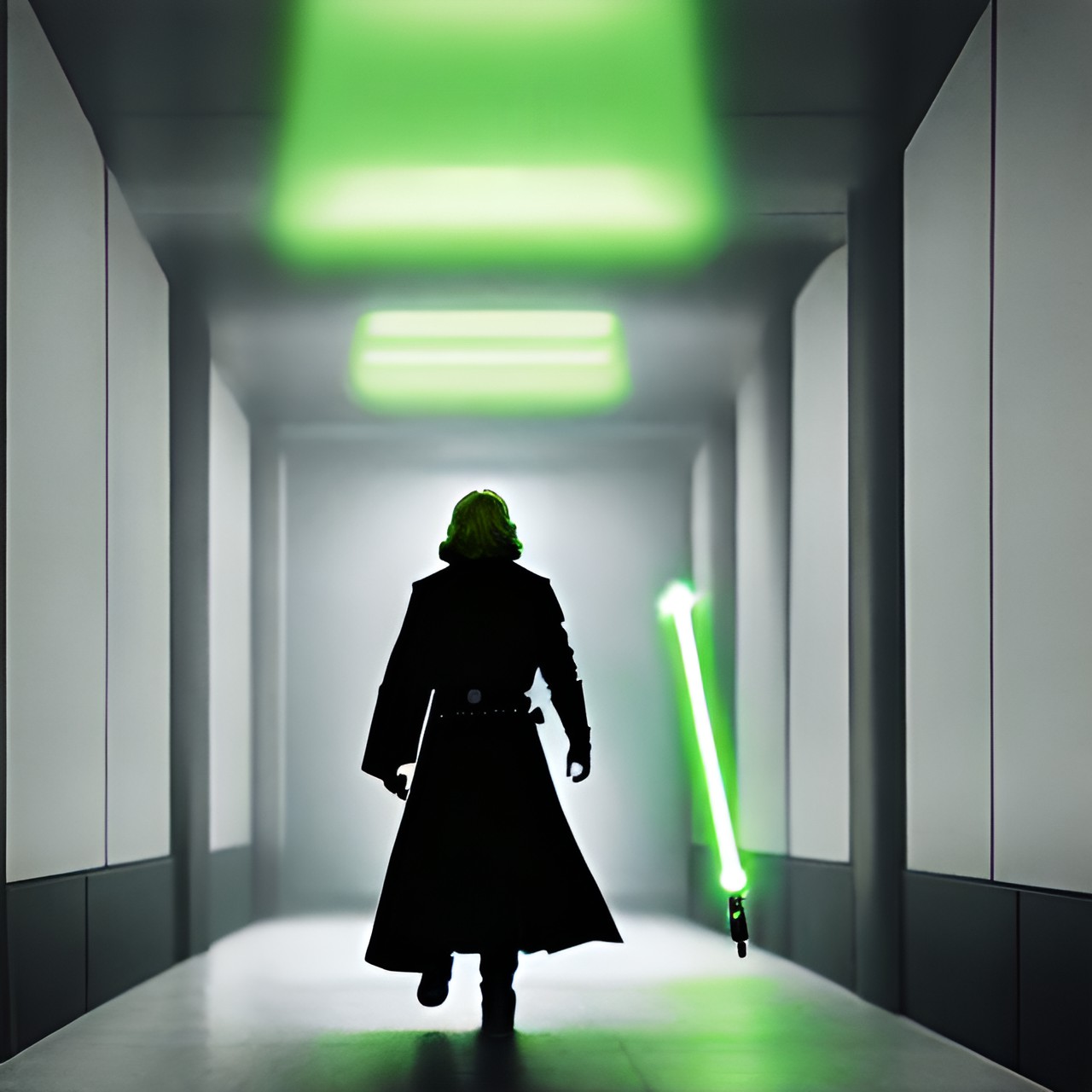 Skywalker 1 - luke skywalker, green lightsaber, dark hallway, silhouette, cloak, green glow preview