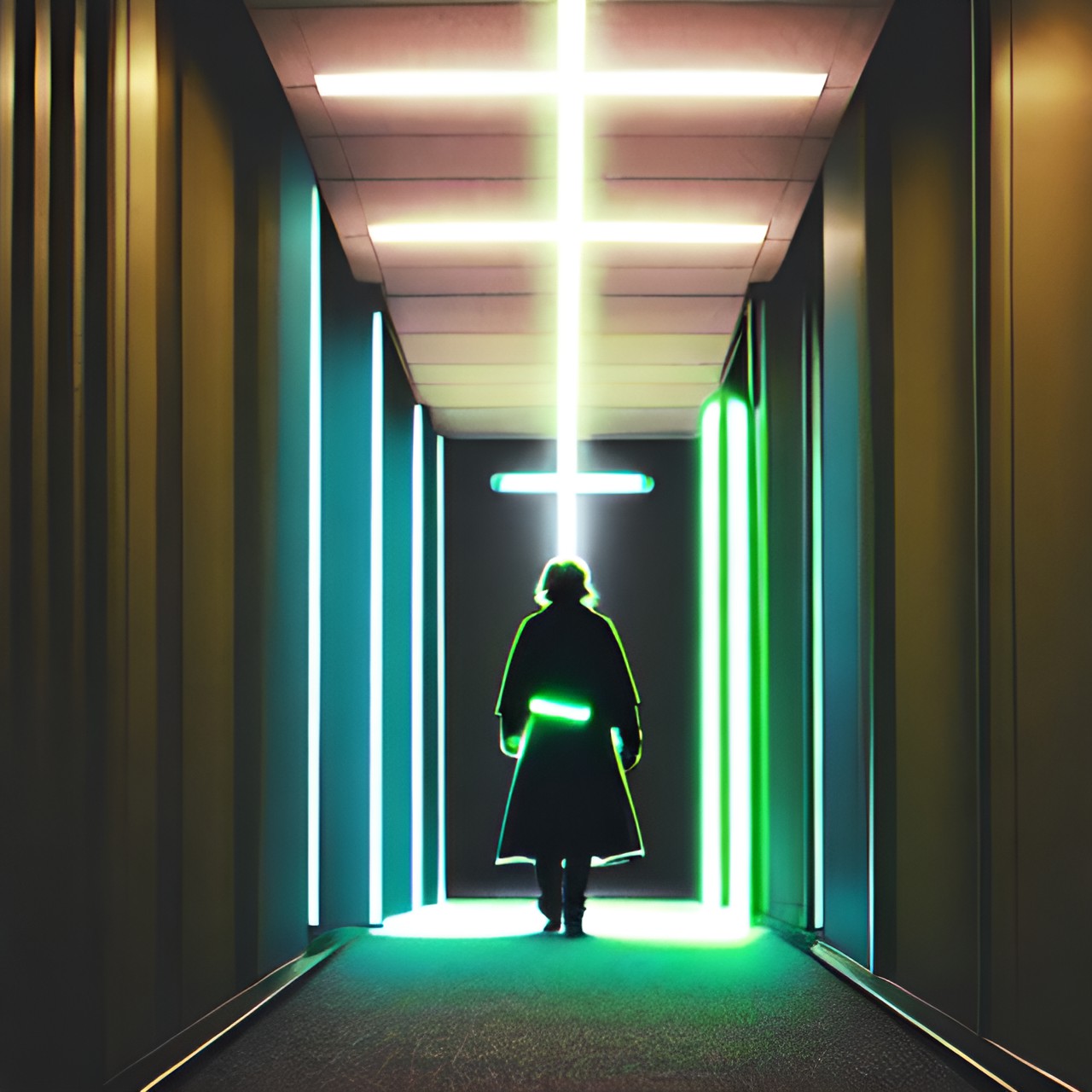 Skywalker2 - luke skywalker, green lightsaber, dark hallway, silhouette, cloak, green glow preview