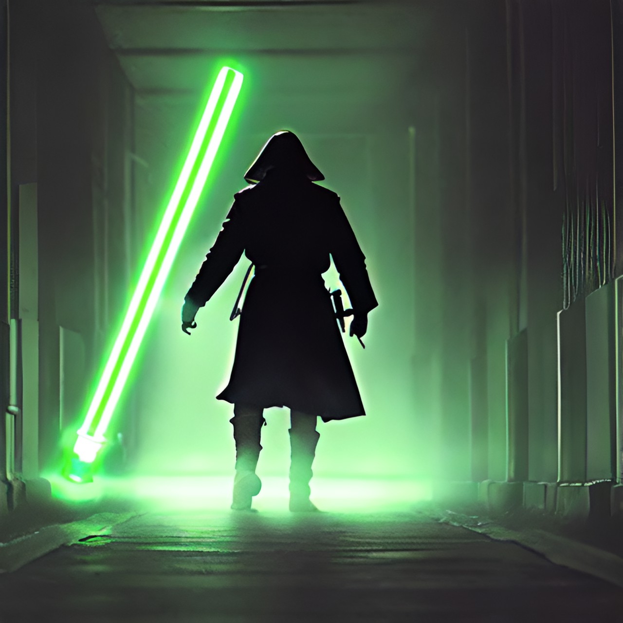 Skywalker3 - luke skywalker holding glowing green lightsaber, dark hallway, silhouette, cloak, smoke, darkness preview