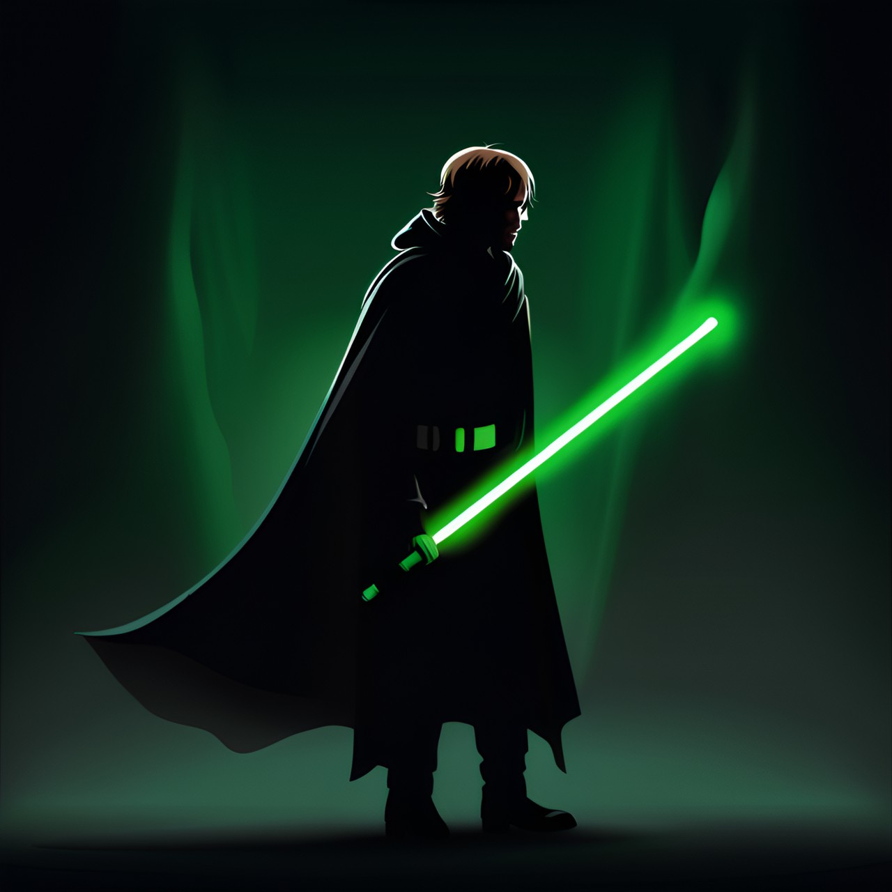 Skywalker IV - luke skywalker holding glowing green lightsaber, dark hallway, silhouette, cloak, smoke, darkness preview