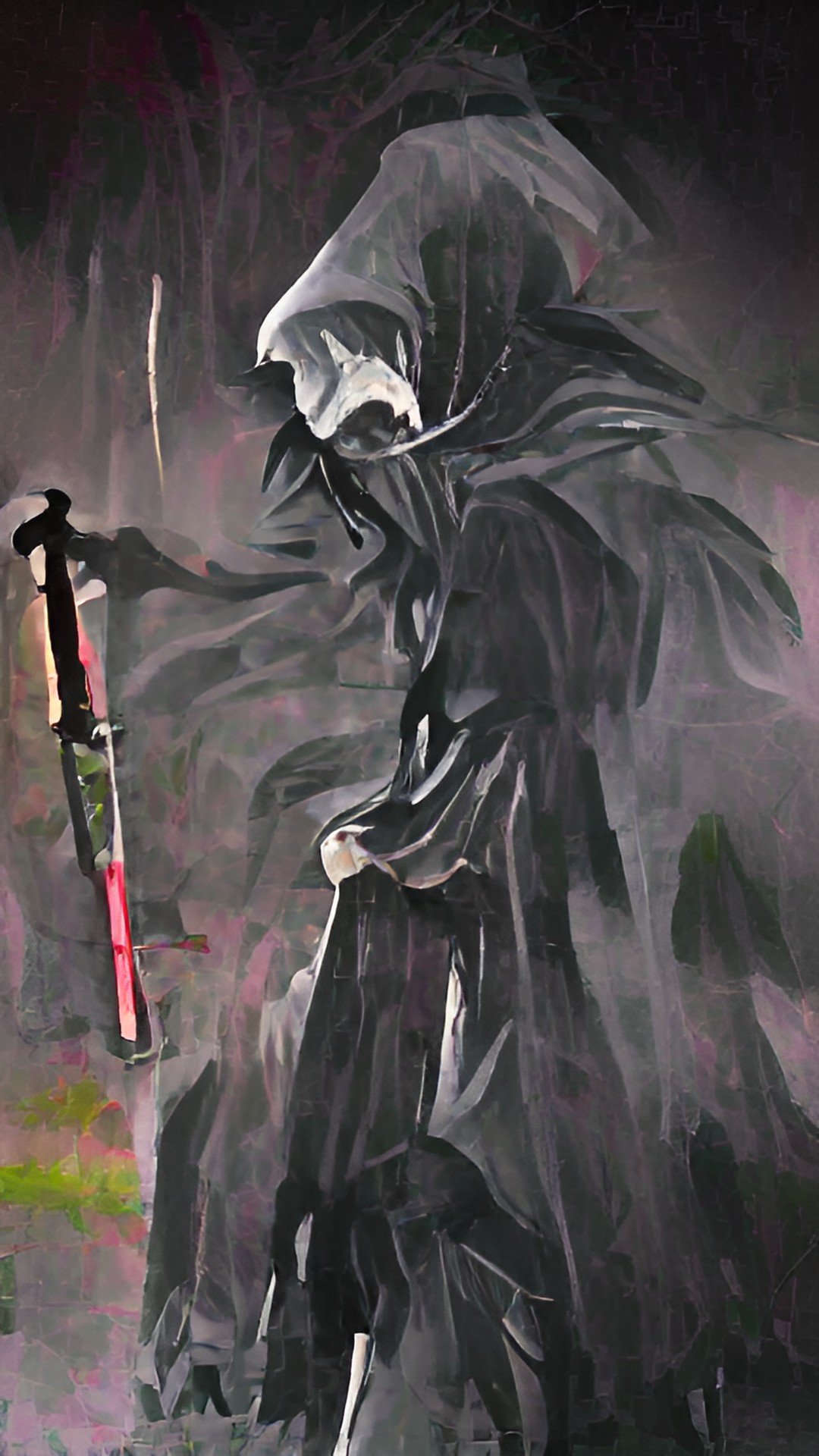 Grim reaper - grim reaper - the grim reaper, shrouded in black, his face hidden behind a hood. in one hand he holds a scythe, and in the other he holds the hand of a small child. preview