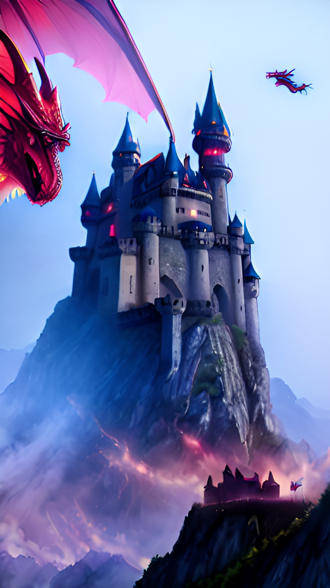 castle guarded by a dragoen that breaths fire a lone warroir with a sword preview